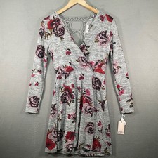 Candies Floral Wrap Dress Womens Medium Gray Long Sleeve Lace Back NWT