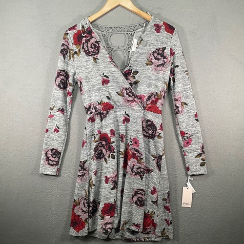 Candies Floral Wrap Dress Womens Medium Gray Long Sleeve Lace Back NWT