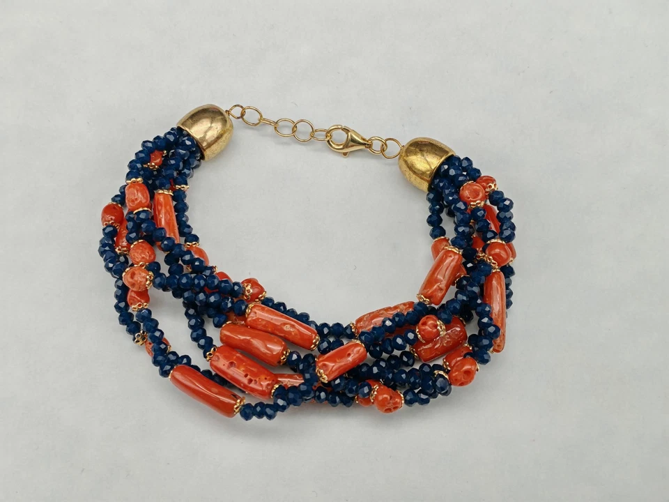 Bracciale donna corallo rosso di Sardegna vero agata blu zaffiro argento 925 - Immagine 3 di 4