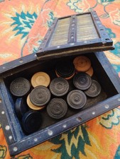 Vintage Wood And Bamboo Box With Wooden Draught Pieces