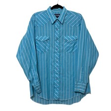 Vintage Wrangler Cowboy Cut Pearl Snap Mens X-Long Tails 17 Blue Striped Western