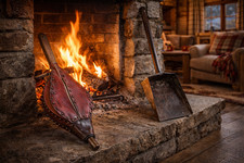 Ancien soufflet de cheminée + pelle vintage +caisse a cendres rustique