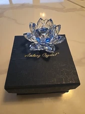 3" Light Blue Amlong Crystal Lotus Flower Feng Shui Home Decor with Gift Box