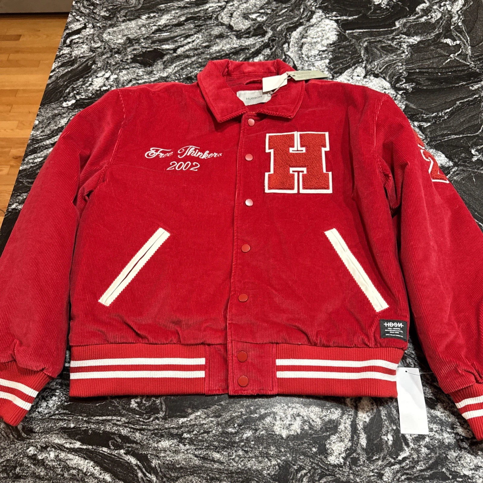 Hudson Men's Corduroy Full-Snap Collared Red Varsity Letterman’s Jacket S $248