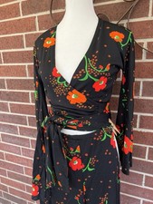 VTG 70  s Leslie J Silky Red Poppy Print Cropped Top Flared Pant Disco Set Sm