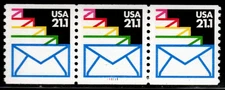 Stamp USA - 21.1¢ Sealed Envelopes - plate #111111 coil strips of three SC#2150