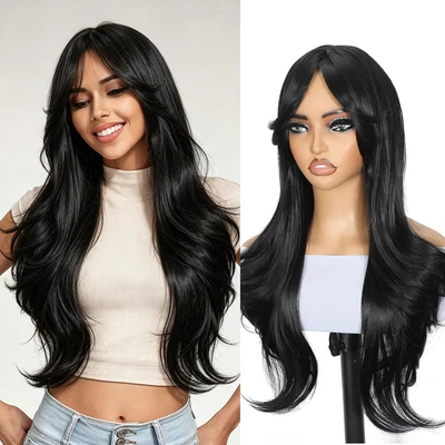 Peluca ondulada en capas largas negra con flequillo de cortina para mujer 26 pulgadas, negra natural - Imagen 1 de 4
