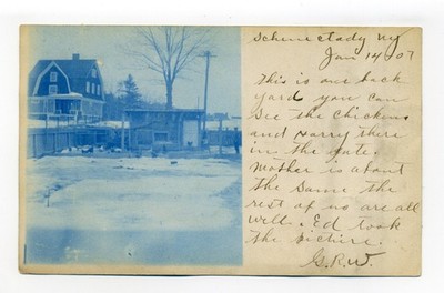 Schenectady NY, ''our back yard'' snow, chicken coop, 1907 RPPC postcard cyanotype