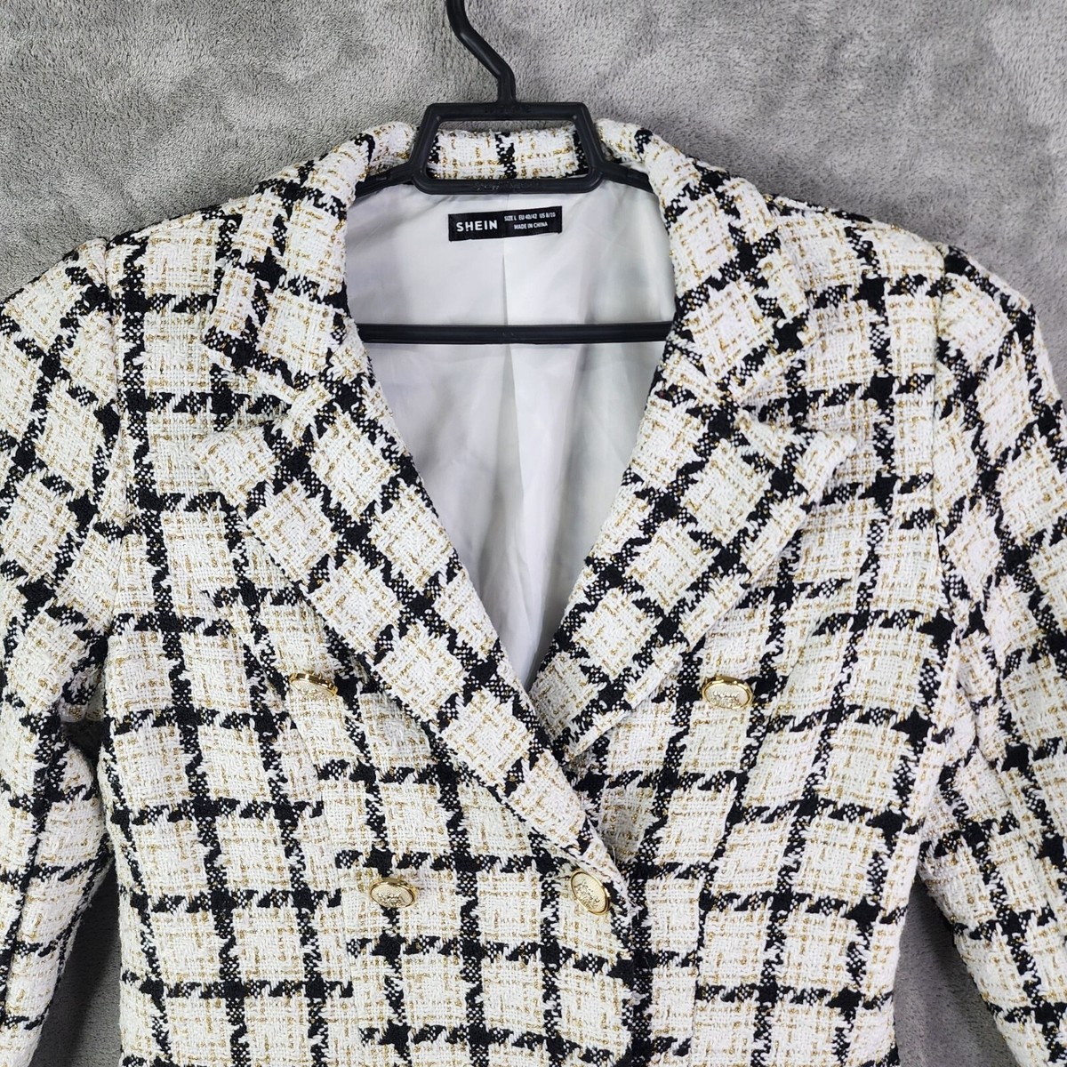 Womens Shein Black White & Gold Checkered Tweed Blazer