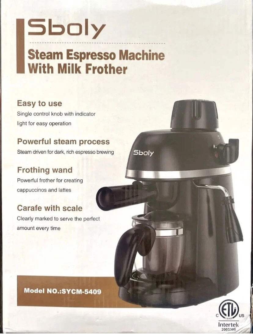 Sboly Coffee Maker Steam Espresso Machine with Milk Frother , New 1-4 Cup Expresso Black