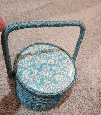 Vtg Mid Century Blue  Sewing Basket Made for Singer Decor Plastic Wicker 8X 8'' 