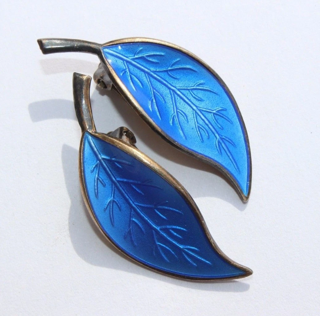 David Andersen D-A 925 Norway Sterling Silver Blue Enamel Leaf Clip on  Earrings