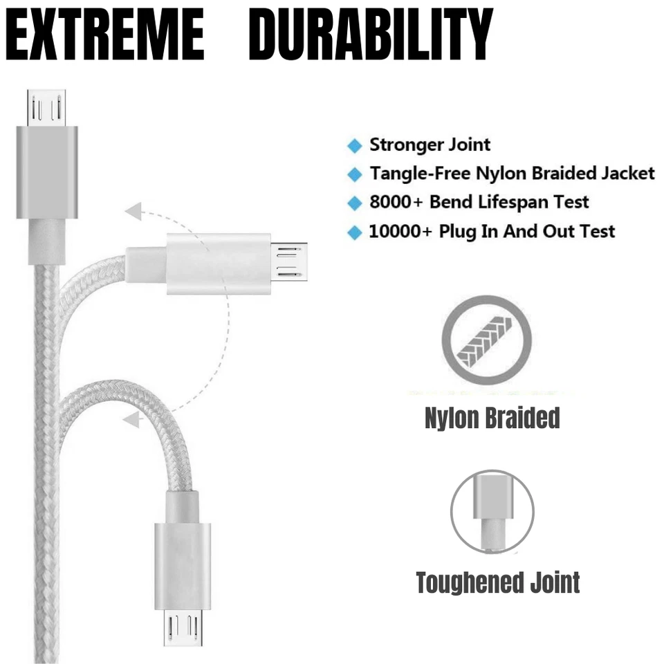 Paquete de 3 cables micro USB trenzados de 10 pies cable de carga rápida para Samsung HTC Android Foto 3 de 4