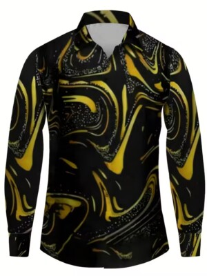 Plus Size Men Button Down Shirts Long Sleeve Black Gold Casual Fashion Up  Dress | eBay