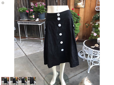 Style & Co Black Sz 14Linen Knee Length A Line Lined Skirt front buttons