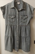 Entro Tiered Dress Frayed Hem Button Down Snap Pearl Button Oversized XS Y2k