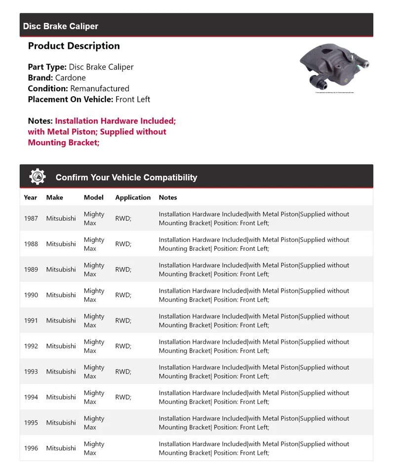 Pinza de freno de disco delantera izquierda cardone 1988 para Mitsubishi Mighty Max 1987-1996 Foto 2 de 4