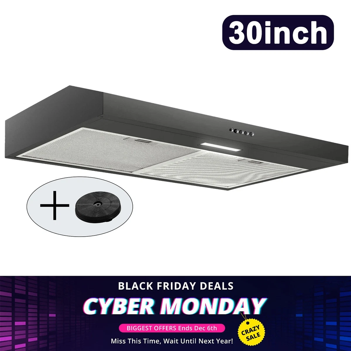 30 Inch Under Cabinet Range Hood 230CFM Black