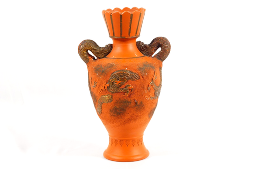 Vaso giapponese Tokoname Redware doppio manico drago periodo Meiji/Taisho Giappone - Foto 2 di 12
