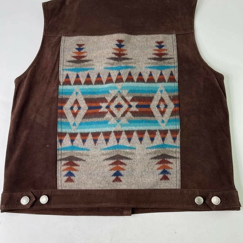 PENDLETON Womens Leathet MIX Back PRINT Size M Button AZTEC WOOL VEST Brown - Picture 6 of 15