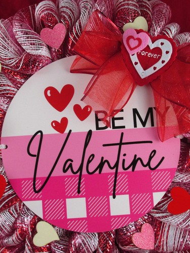 Red,White, and Pink Striped Bubble Poof Valentine Deco Mesh Wreath - Picture 2 of 7