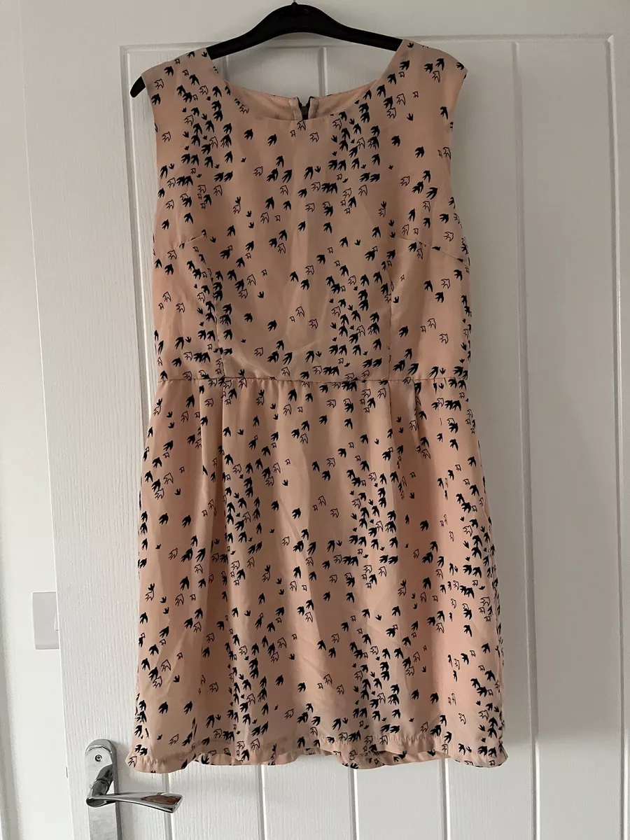 Cameo Rose New Look Bird Pattern Peach Dress Size L 12 14 New