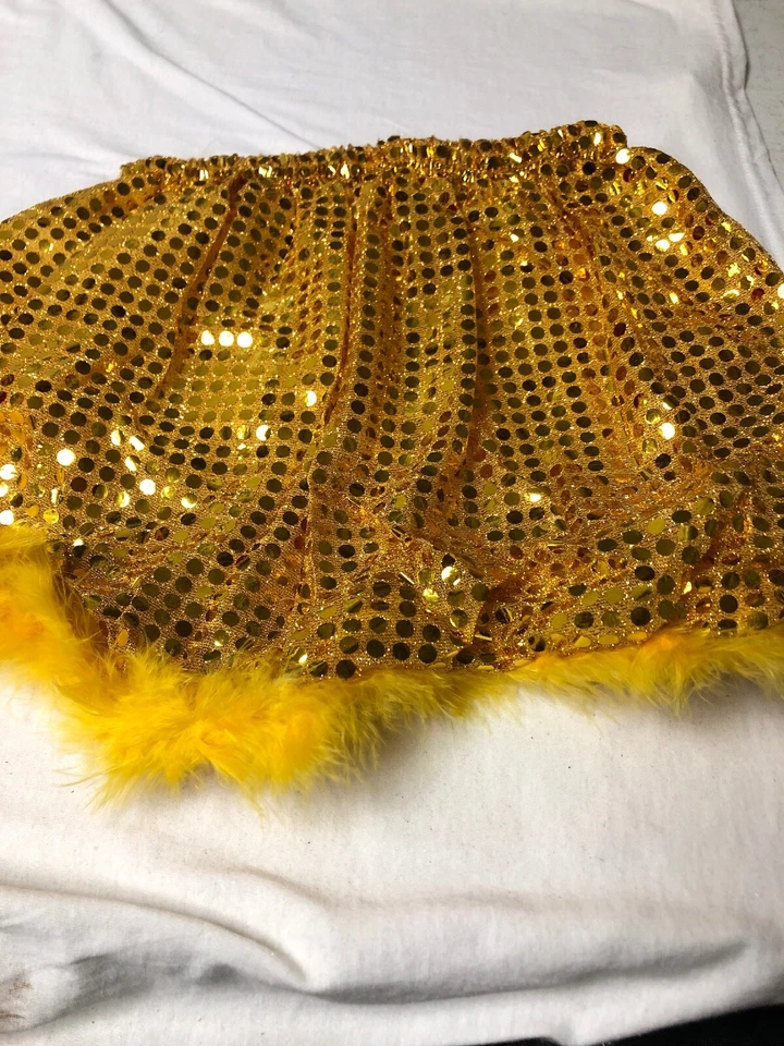 Falda Corta Lentejuelas Dorado Canario Amarillo Plumas Halloween Disfraz Banda Elástica Foto 3 de 3