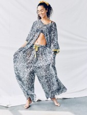 NWT FREE PEOPLE Sz S SLEEPIN IN PRINTED SLEEP SHIRT  WIDE LEG PANTS SET BLUE