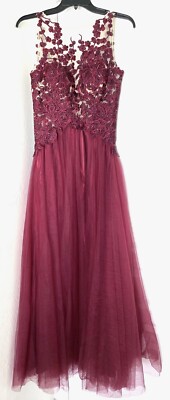 CAMILLE LA VIE Burgundy Illusion Sheer Embroidered Rhinestone Gown 2 MAC DUGGAL
