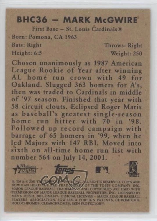 2001 Bowman Heritage Chrome Mark McGwire #BHC36 - Image 2 of 2