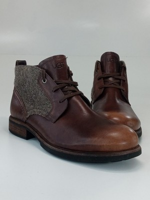 UGG Brompton Brown Leather Herringbone Tweed Grizzly Chukka Men Boots Size 11
