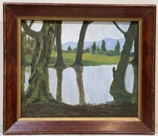 Oil Painting Of a Landscape With Trees Reflected In A Body Of Water.