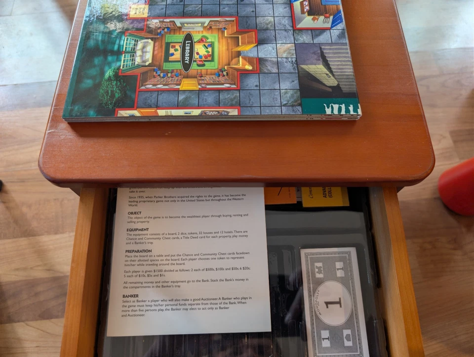 VTG Parker Bros Wooden 3 Drawer Game Box Mahogany Finish Monopoly Clue Scrabble - Image 4 of 4