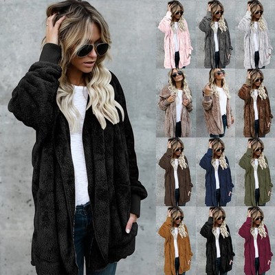 Damen Teddybär Flauschiger Mantel Baggy Warm Kapuze Fleece Jacke Cardigan Übergröße