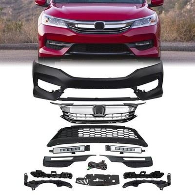 For Accord 2016-17 Front Bumper Cover/Upper Lower Grilles/LED Fog Light/Brackets
