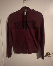 PINK Victoria's Secret Full Zip Hooded Fleece Hoodie w/ Pockets Burgundy XS