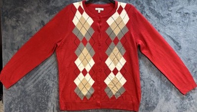 Croft & Barrow Women Argyle Knit Acrylic Button Front Cardigan Sweater Sz XL Red