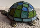 VTG Tiffany Style Turtle Table Lamp Brass Stained Glass Accent Light Blue Green