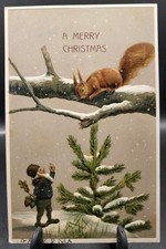 Rare Fantasy CHRISTMAS GNOME Squirrel Snow Embossed Postcard 1900s Germany 