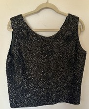 Vintage 1960s Beaded Sequin Cashmere Black Fringe Sleeveless Top Size 42
