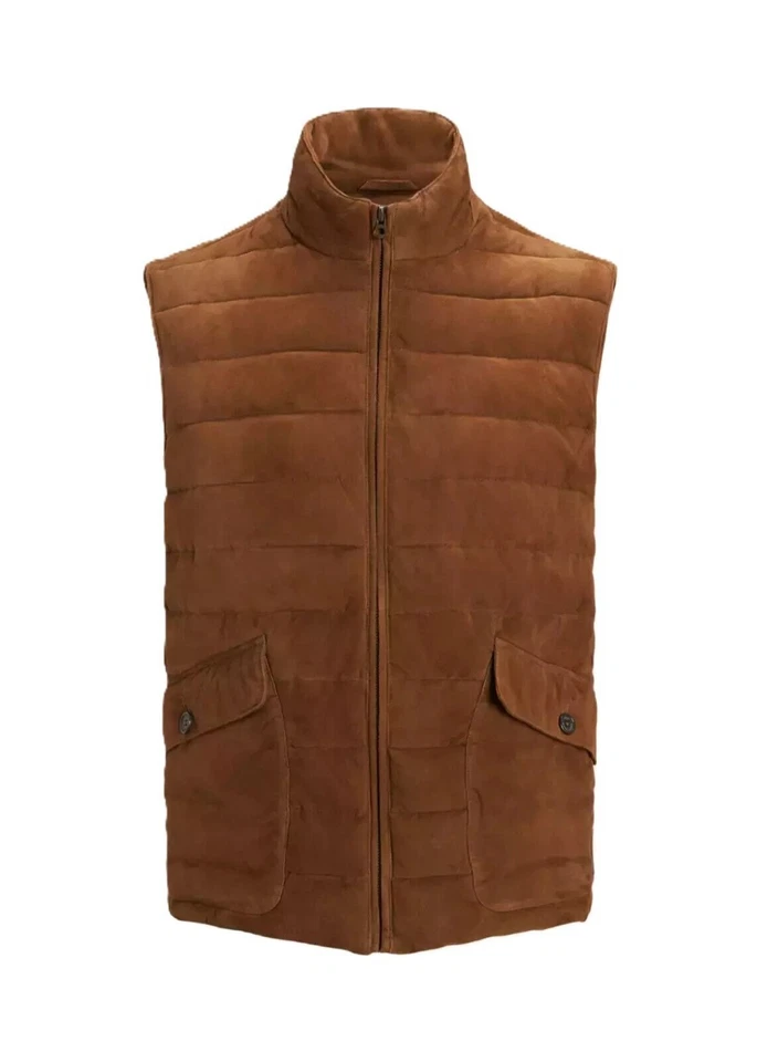 Gilet matelassé matelassé en cuir daim marron pour hommes veste zippée en... - Photo 3/4