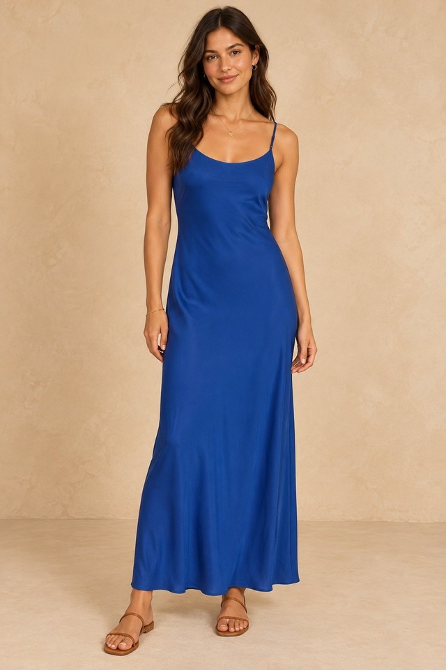 Glassons Cobalt Blue Satin Slip Maxi Dress Size 14 Low Back Adjustable