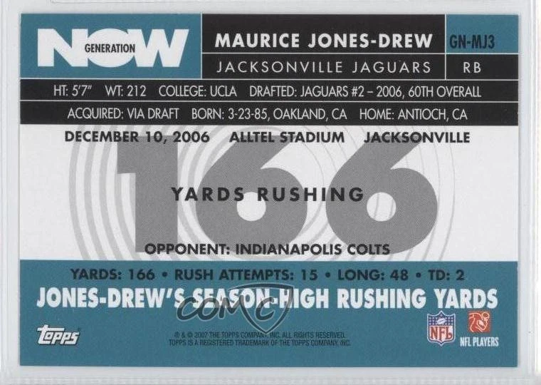 2007 Topps Generation Now Maurice Jones-Drew #GN-MJ3 - Image 2 of 2
