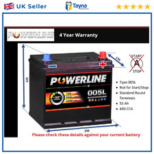 Car Battery 005L Powerline 005L 490A 55Ah 4Yr Warranty 230x170x225