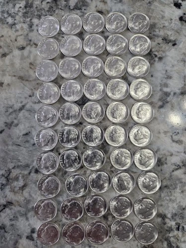 1964 P Uncirculated Roosevelt Silver Dime Roll [50 UNC. Dimes]