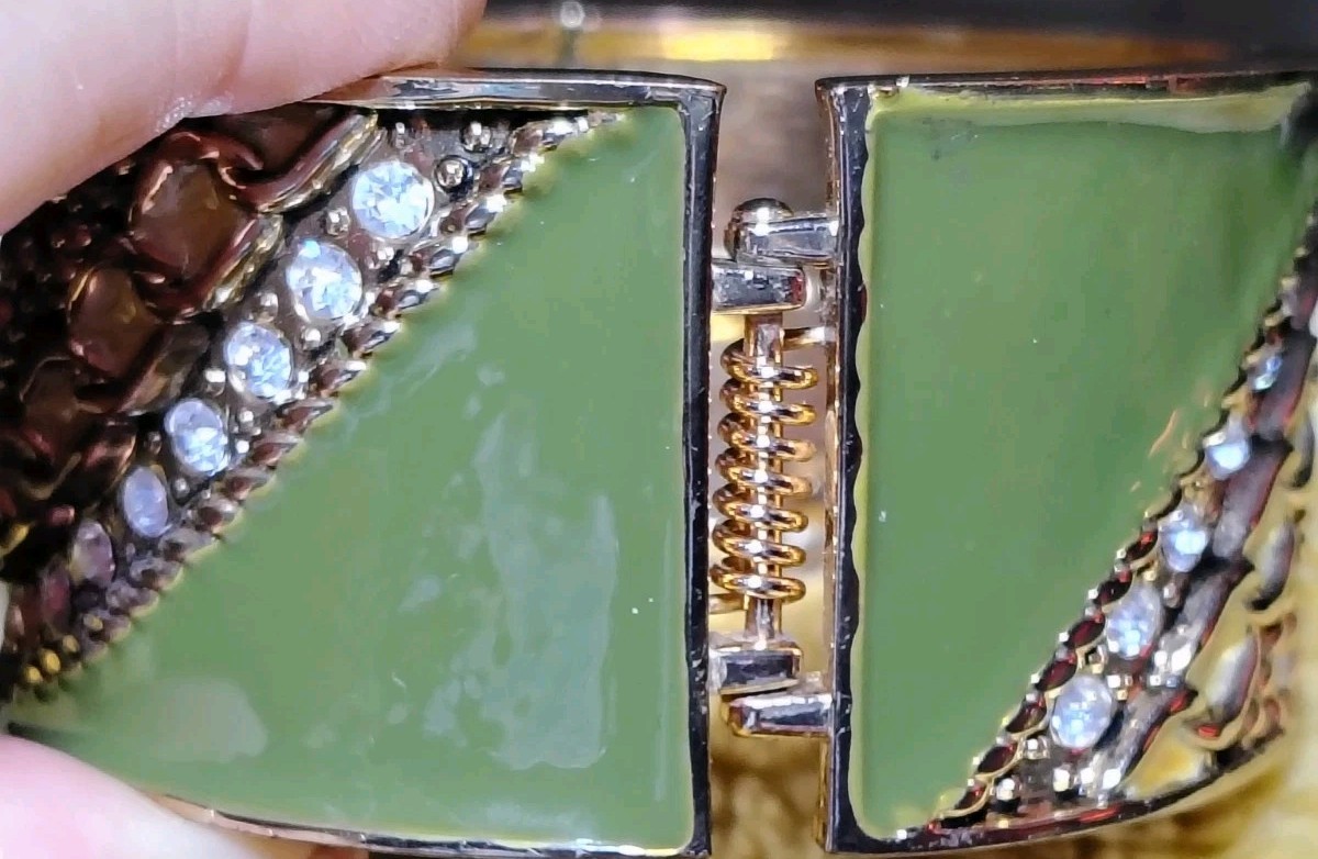 Green Enamel Statement Cuff Bracelet Rhinestone G… - image 16