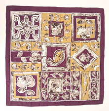 VTG 100 Silk Scarf Made Italy Plum/Gold/Gray Floral Block Print Rolled Edge 34"