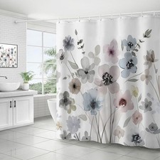 Grey Blue Pink Floral Shower Curtain 72x72 Inch Watercolor Flower Elegant Set