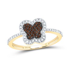 10K Yellow Gold Real Brown Diamond 10mm Cluster Butterfly Right Hand Ring 1/4 CT
