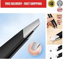 Black Stainless Steel Eyebrow Tweezers Slanted Flat Point Grooming Tool